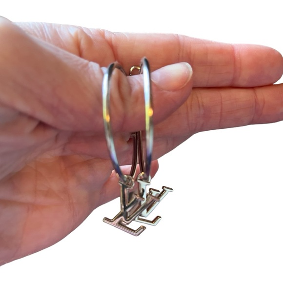 Upcycled Silver LV Louis Vuitton Stamped Charm 30mm Hoop Earrings - Picture 4 of 12